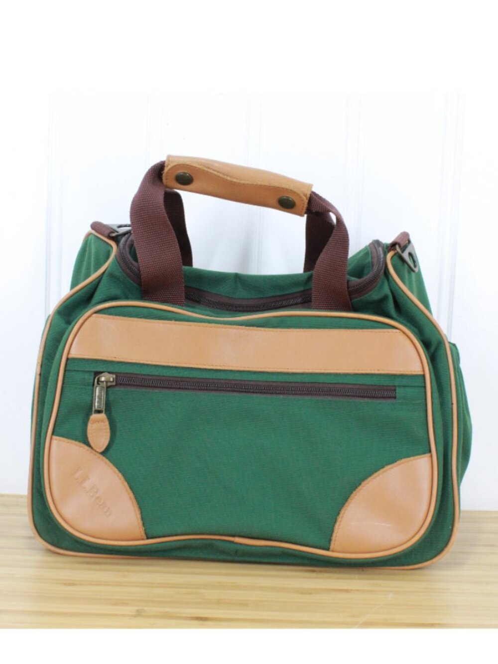 Vintage LL Bean Duffle Bag Carry On Green Canvas & Leather Trim Straps